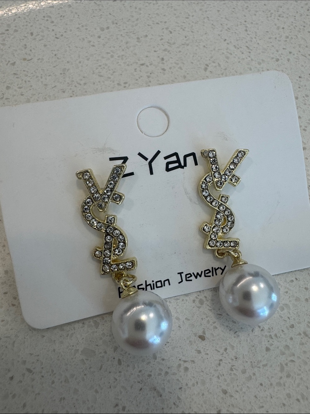 Gold Crystal Logo Drop Earrings with White Pearl Dangles